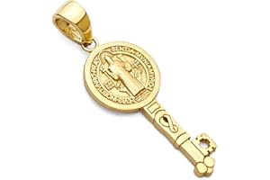 THE WORLD JEWELRY CENTER 14k REAL Yellow Gold Saint Benito Double Side Key Charm Pendant (Size : 25 x 8 mm)
