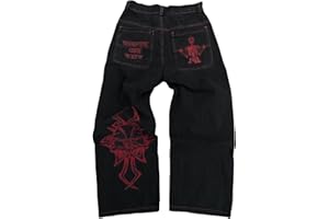 Y2K Jeans Men's Hip Hop Vintage Skull Embroidery Wash Denim Pants Gothic Straight Tube Loose Wide Leg Pants, Black, L