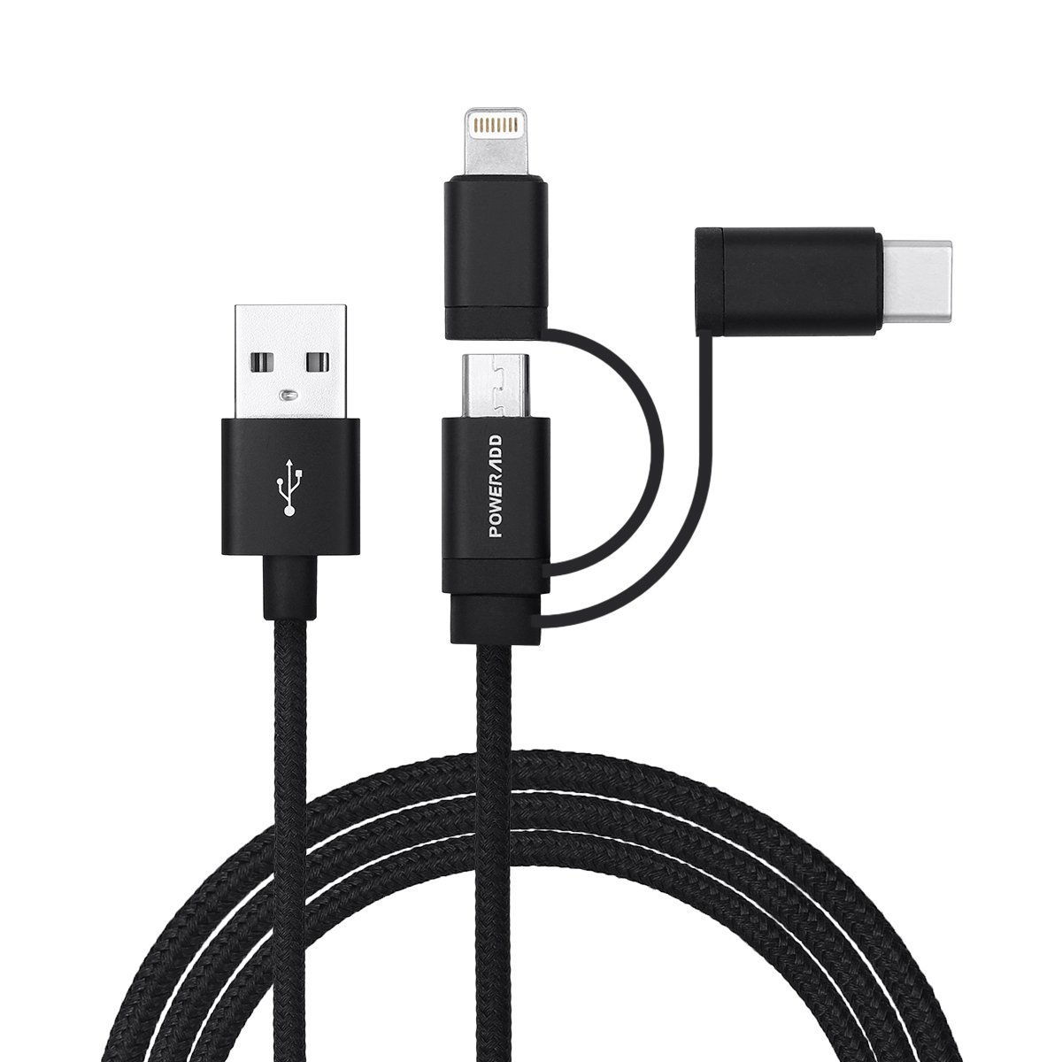 Poweradd 3 en 1 Câble de chargeur multi-Câble avec Adapteur 8 Pin Lightning/Type-C / Micro USB pour iPhone/iPad/Samgung/Nexus/Asus téléphone portable de type C-Noir