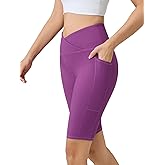 AARYA Women's 10" Crossover Ribbed Bike Shorts High Waist Workout Gym Running Volleyball Spandex Shorts with Pockets