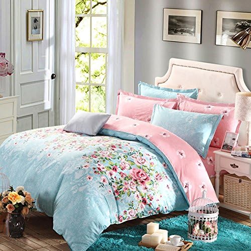[farmhouse style] Polyester Plants and flowers Duvet Cover Set 4 Pieces(1Duvet cover 1Flat sheets 2Pillow)-L King