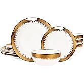 jinsongdafa Dinnerware Sets(12Pcs) Serves for 4, Modern Dinnerware, Gilded Edge Plates and Bowls Set with 8.3"Small Plate 10.2"dinner Plate 6.1"Soup bowl, apply Indoor Outdoor (Gilded set)