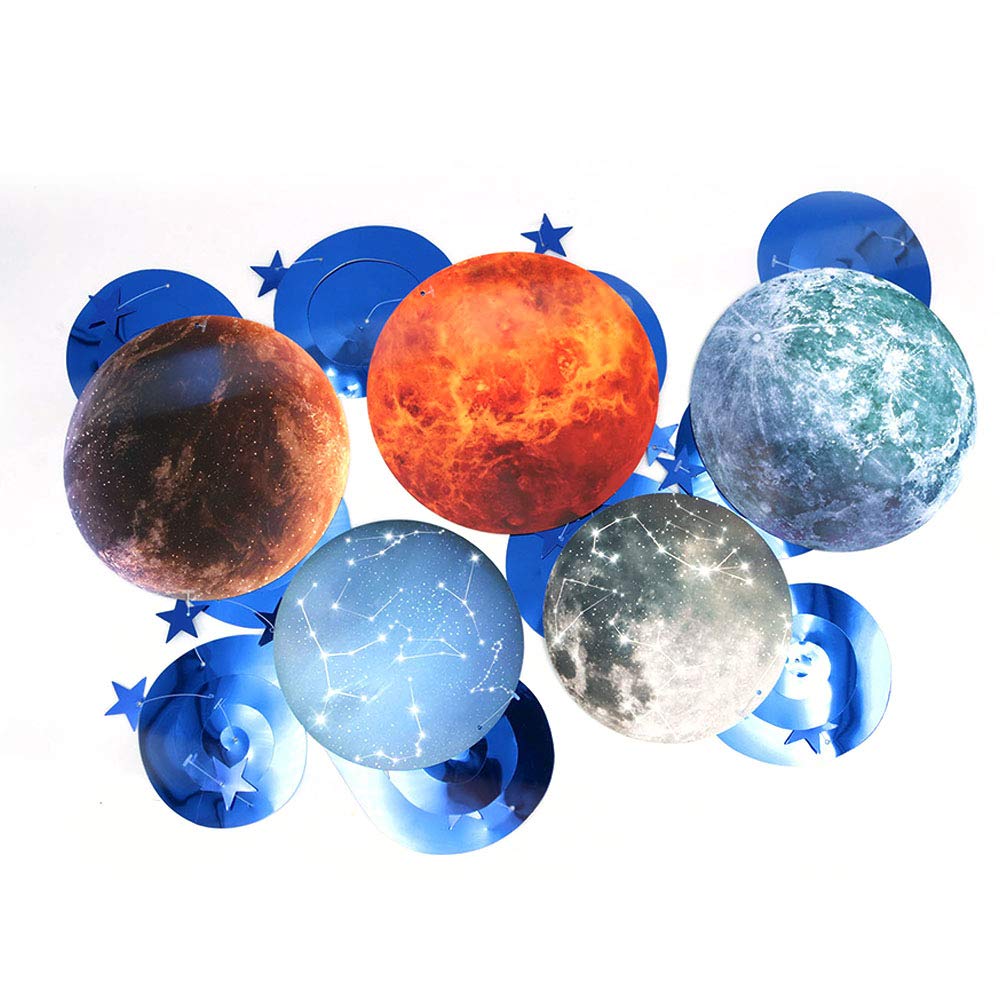 ANCLLO 10Pcs Birthday Space Party Decoration - Blue Astronaut Spaceship Theme Happy Birthday Banner Hanging Solar System Spiral Planet Card Children's Gifts Cake Insert Supplies Set
