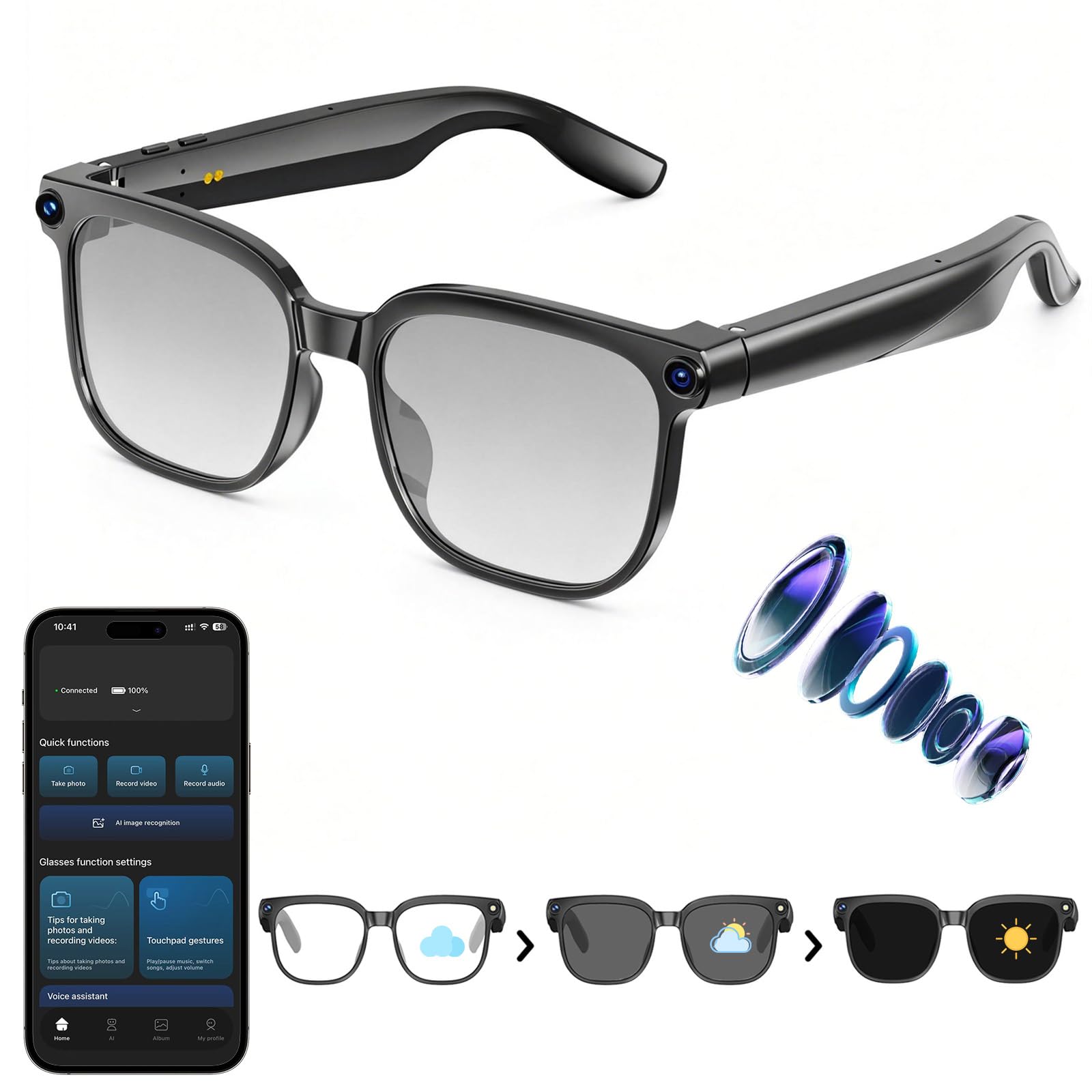 AI Smart Glasses with Camera,8MP Camera Glasses,1080P Anti-Shake Video Recording Glasses, Real Time Translation,AI Voice Assistant,Object Recognition,Bluetooth Sunglasses for Men Women (Photochromic)