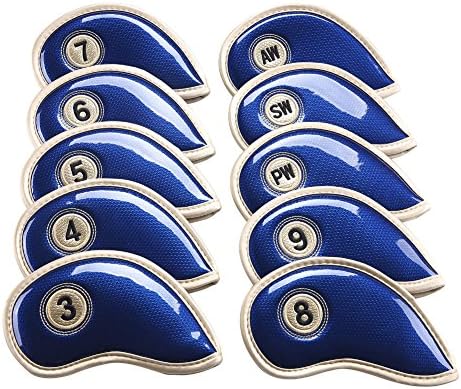 (Pack of 10 Pcs) MAXZOLA PU Leather Golf Iron Head Covers,Velcro,New Design for All Brands,Waterproof PU Leather and Fashion Design (Blue)