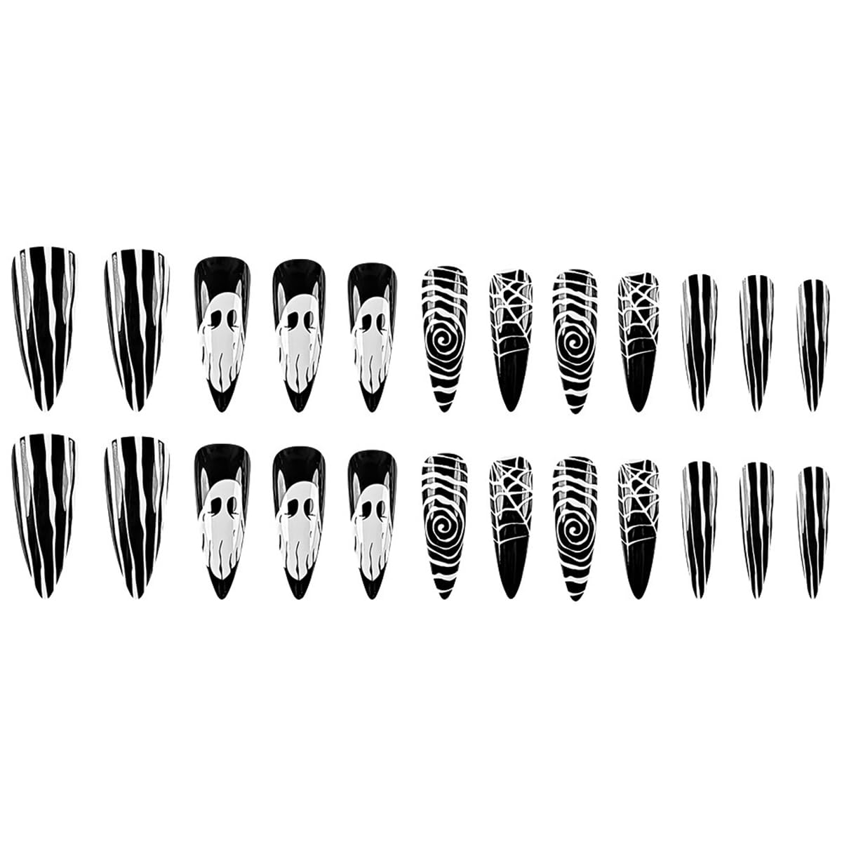 Halloween Horror Ghost Press on Nails Long Pointed Fake Nails Black White Stripe Spider Web Halloween Nail Art Designs Full Cover Glue on Nails Glossy Reusable Artificial False Nails for Women 24Pcs - Image 6