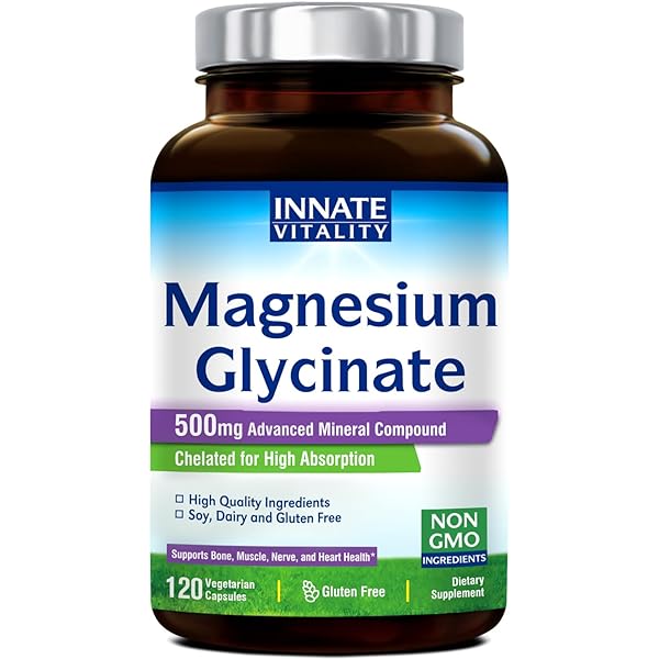 INNATE VITALITY MAGNESIUM GLYCINATE 500MG | 70MG ELEMENTAL MAGNESIUM SUPPLEMENT- HIGH ABSORPTION, NON BUFFERED, NON-GMO & NO GLUTEN – NERVE, MUSCLE, BONE HEALTH – 120 VEGAN CAPSULES MAGNESIO