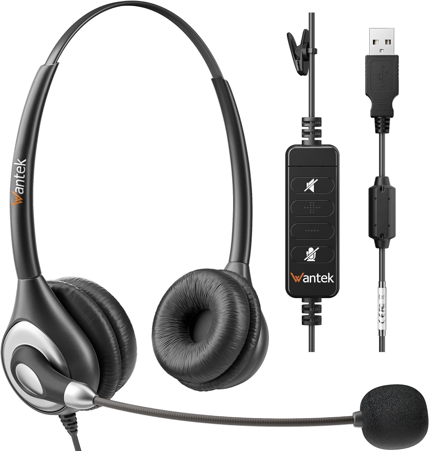 Wantek USB headset with microphone, noise cancelling stereo PC headphones for laptop, computer, softphone, Skype, webinars, office, shop, call centres, audio control, clear chat, ultra comfort.