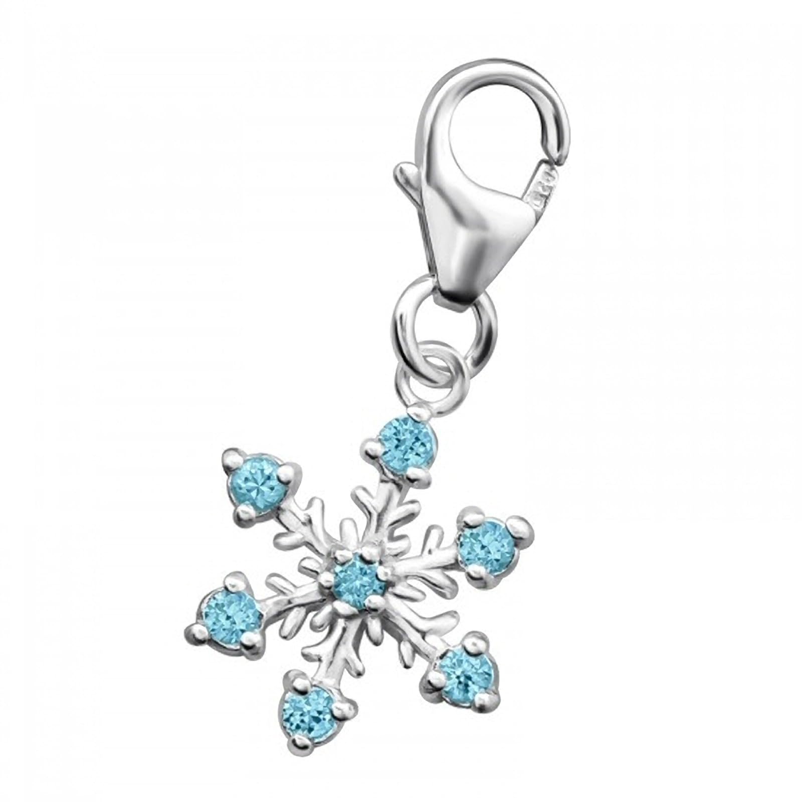 Blue Aquamarine Facetted Crystal Snowflake Sterling Silver Clip On Charm Pendant with Lobster Clasp for Women - Compatible with Thomas Sabo Charms Bracelet - Women's Clasp Charms
