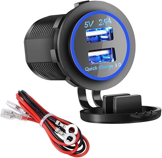 Amazon Com Dual Usb Charger Socket Power Outlet Quick Charge 3 0 2 4a Port For Car Boat Marine Rv Mobile With Wire Fuse Diy Kit Qc 3 0 Blue