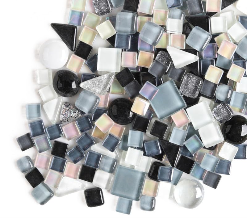200g Irregular Crystal Mosaic Glass Tiles for Crafts, Mixed Color Small Mosaic Glass Pieces DIY Hobbies Children for Home Decoration (Black White and Grey)