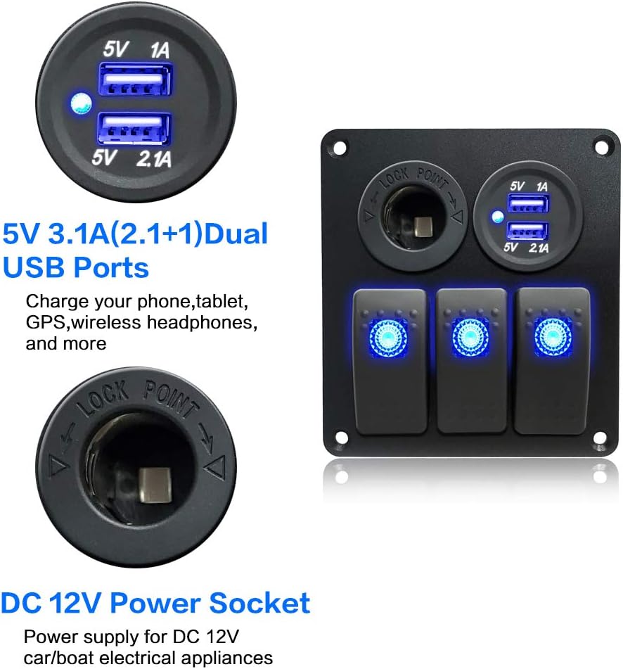 IZTOSS 3 Gang Rocker Switch Panel with Power Socket 3.1A Dual USB Wiring Kits and Decal Sticker Labels DC12V/24V for Marine Boat Car Rv Vehicles Truck Blue Led: Industrial & Scientific