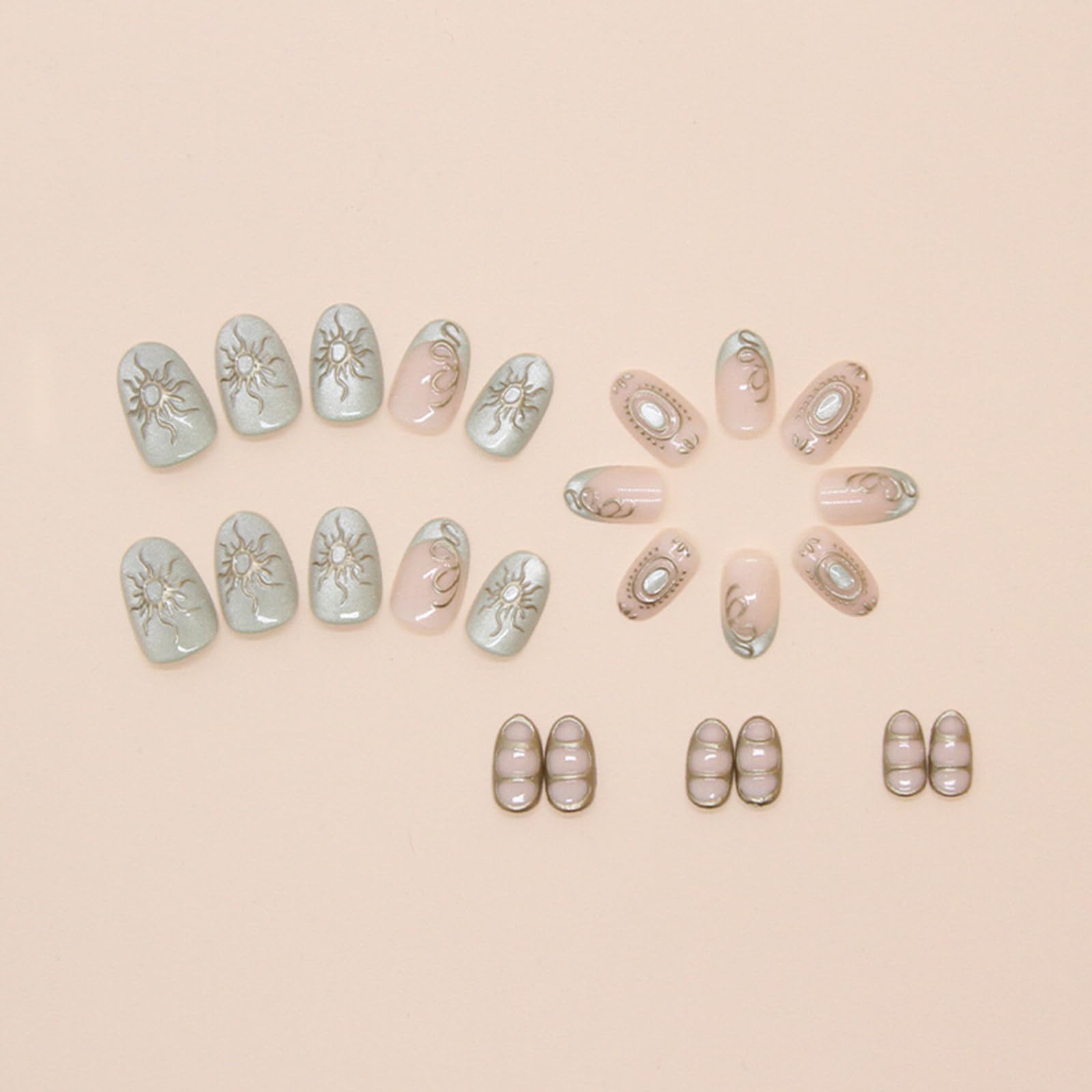 Bling French Tip Press on Nails Short Almond Fake Nails with 3D Gold Sun Design Green Glitter False Nails Glossy Full Cover Glue on Nails Goth Acrylic Artificial Stick on Nails for Women Girls 24Pcs - Image 3