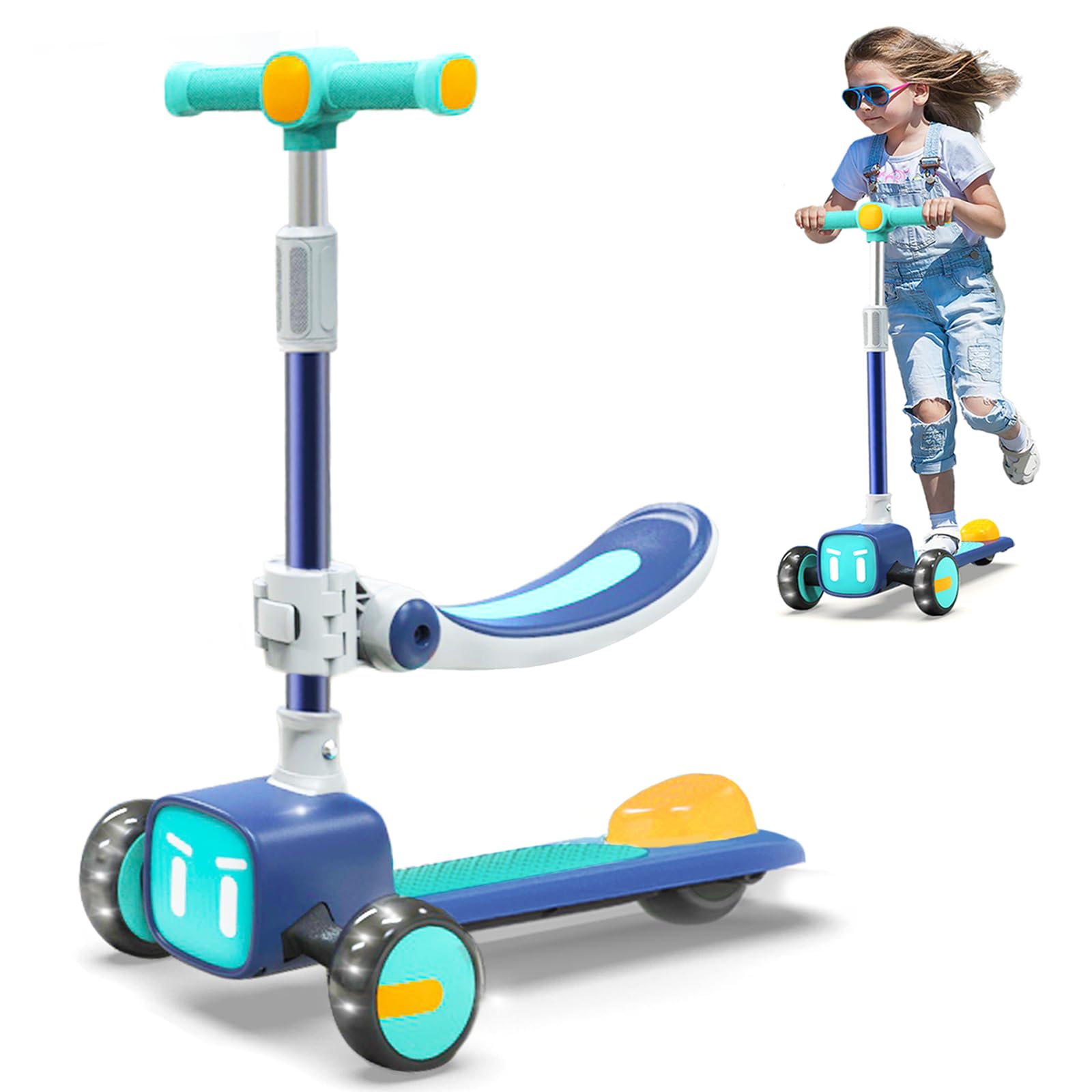 Photo 1 of Unbreakable & Never Fall Down 2-in-1 Scooters Kids 3 Wheel Kick Scooter for Boys Girls Ages 3-14, Adjustable Height & Removable Seat, Widened Non-Slip Deck, More Safer for Beginner Toddlers-Blue