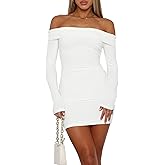 Purple Pocket Womens Off The Shoulder Long Sleeve Dresses Casual Fall Sexy Bodycon Ribbed Cocktail Mini Dress