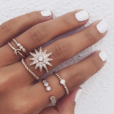 Simsly Vintage Knuckle Heart Ring Gold oder Silber Crystal Joint Knuckle Ring Set mit Cresent für Frauen und Mädchen (6Pcs) (