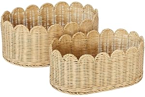 BEBE BASK Premium Scalloped Basket Set Of 2 - Scallop Basket - 16 x 10 x 7 Inch - Hand-Woven Elegant Wicker With Scalloped Ed