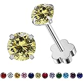VDKIDKT Flower Screw Back Birthstone Stud Earrings for Women Girls, 3mm G23 Tiny CZ Flat Back Stud Earrings, Screw Back Helix Earrings
