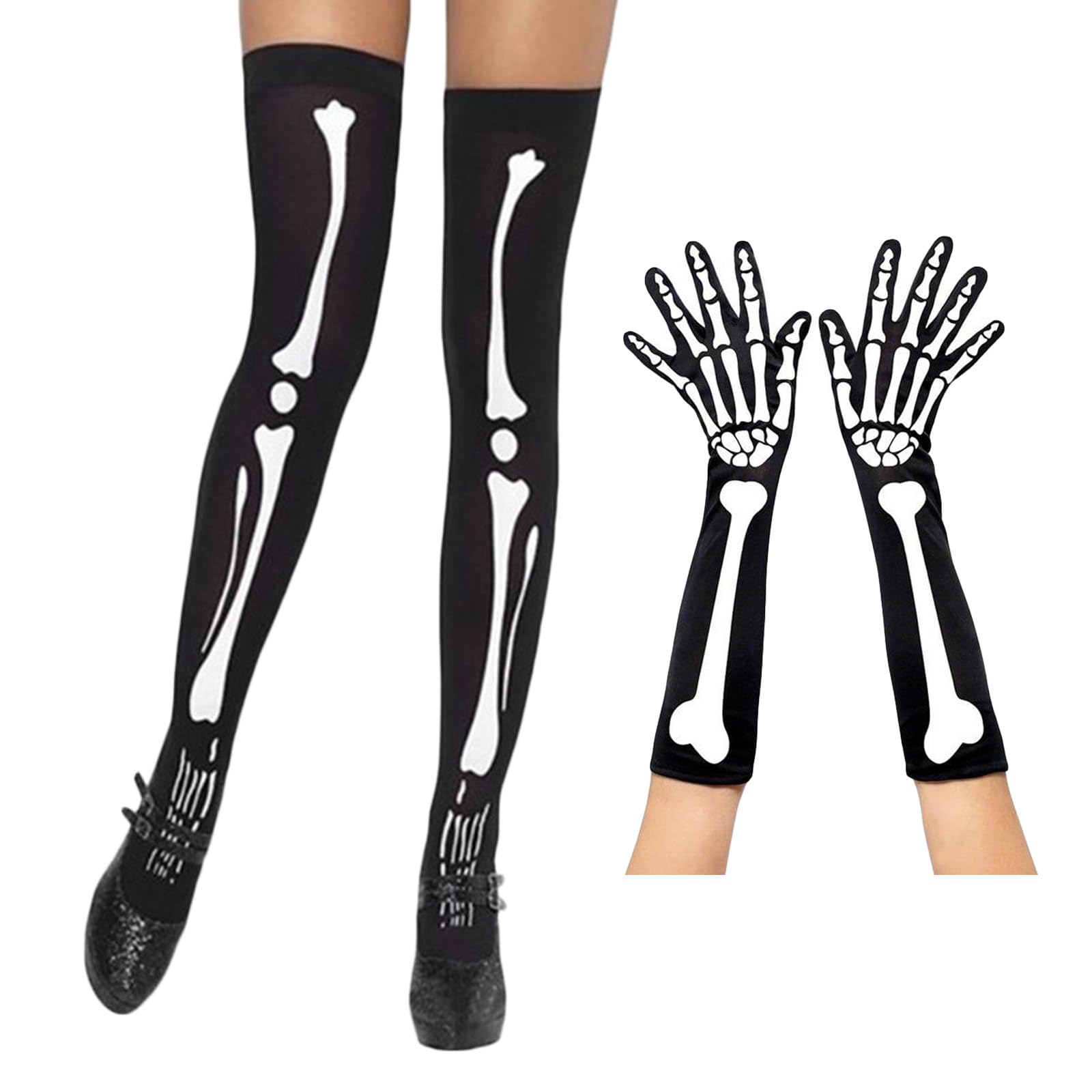 AWOCAN 2PCS Halloween Skeleton Gloves Stockings Set,Halloween Long Stock Gloves Halloween Party Dress Up Custome (A)