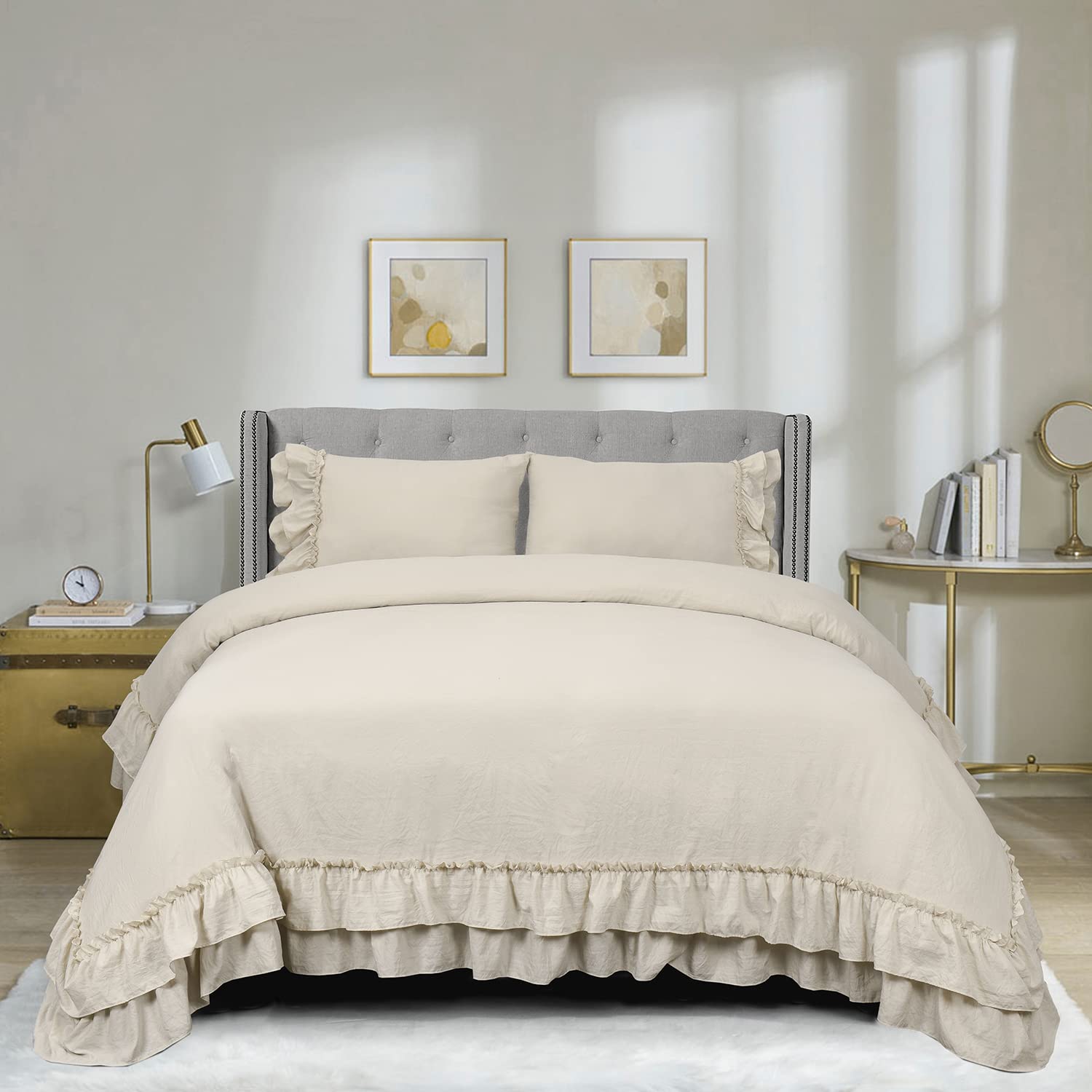 Photo 1 of HIG 3 Piece Farmhouse Ruffled Duvet Cover Set Queen, Camel Vintage Duvet Cover with 2 Rows of Handmade Ruffle, Solid Washed Microfiber Bedding Cover for Bedroom - 1 Duvet Cover, 2 Shams (HANS)