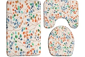 GENERIC Boho Floral 3 Piece Bath Rug Sets,Flower Leaves Colorful Leaf Tree Branch Watercolor Plant Bohemian Nature Orange Blue 17.8"x29.5"Bath Mat,Toilet Seat Cover, U-Shaped Toilet