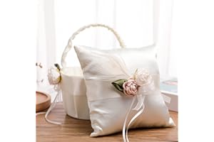 Fofetbfo Wedding Flower Girl Basket and Ring Bearer Pillow Set of 2, Ivory Satin Flower Basket and Ring Pillow for Weddings H