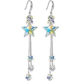925 Sterling Silver Handmade Star Drop Earrings with Austrian Crystals, Aurora Borealis Long Tassel Dangle Earrings, Boho Celestial Jewelry Gift for Women