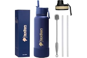 Lexlion Sport Water Bottle 22 Oz - 2 Lids (Straw lid with 2 straws) Leakproof- Triple Walled Insulated Stainless Steel, Gym Outdoor Sport Home Office, Wide Mouth, Silicone Sleeve, Metal Mug gallon