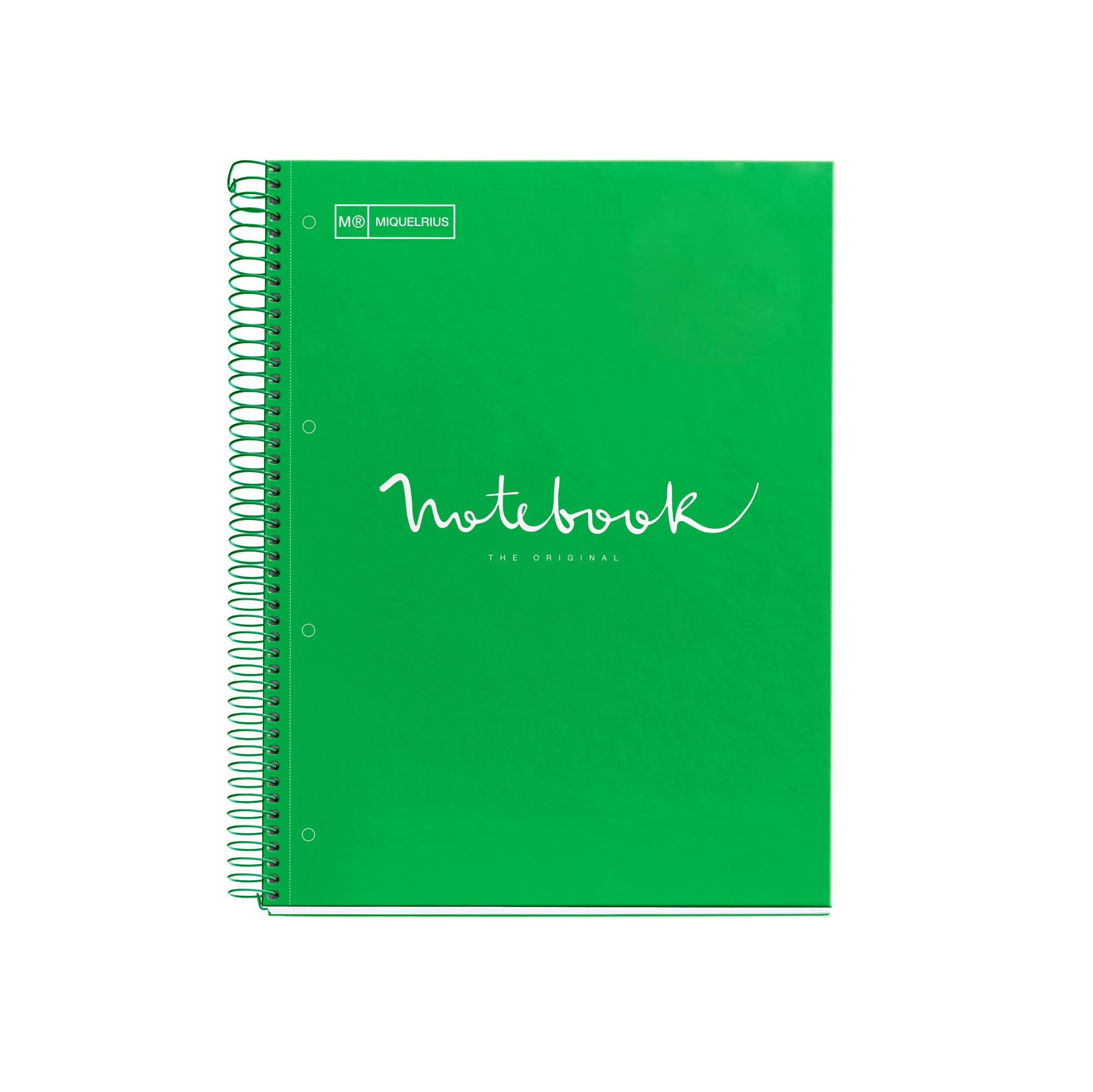 Miquelrius 1 – Micro-Perforated Spiral Notebook, Hard Cardboard Cover, A4 Size 210 x 297 mm, 4 Drills, 120 Sheets of 90 g/m² and 5 Colour Stripes, 5 x 0 Grid .197 Green — image 1