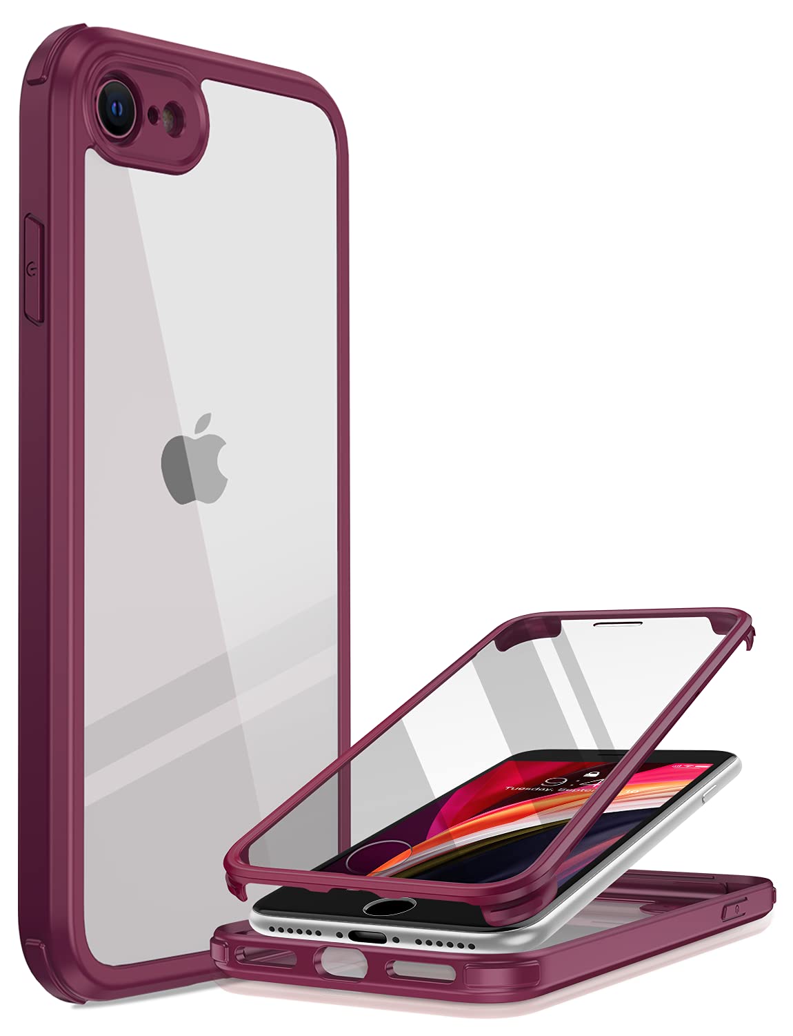 Miracase 360° Case, Compatible with iPhone SE 2022/SE 2020/iPhone 8, Full-Body Protective Cover With Built-In Glass Screen Protector, Shockproof Full-Body Mobile Phone Case, Rose Red