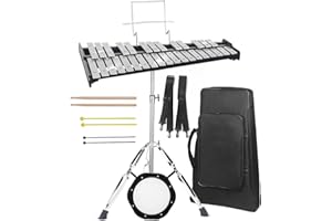 LOTMUSIC Professional 32 Note Glockenspiel Xylophone Bell Kit for beginner :Muted Practice Pad Percussion Kit for Adult, with Three Types of Drumsticks, Adjustable Stand&Carrying Bag