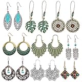 SUNNYOUTH 9 Pairs Vintage Drop Dangle Earrings Statement Bohemian National Style Turquoise Earrings Leaf Owl Long Dangle Earrings for Women Girls