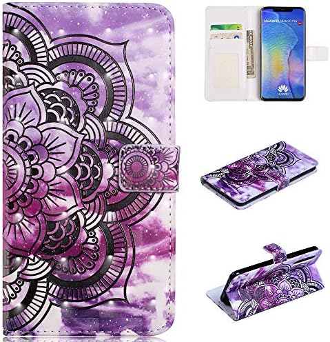 for Huawei P20 Pro Wallet Case with Screen Protector,QFFUN Glitter 3D Pattern [Purple Mandala] Magnetic Closure Kickstand Leather Phone Case with Card Holder Shockproof Protective Flip Cover