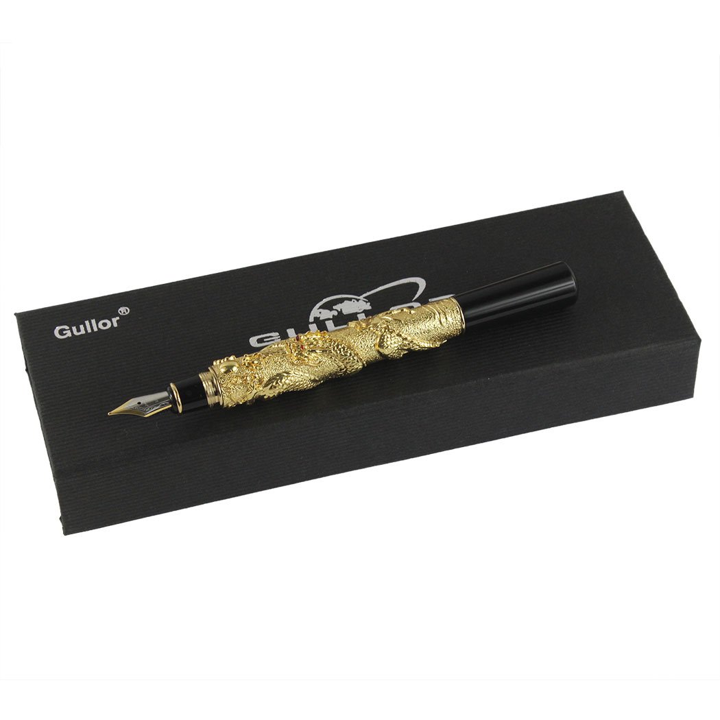 Gullor Chinese Dragon Golden Basso-Relievo Fountain Pen with Original Pen Box and 5 Color Ink Cartridges