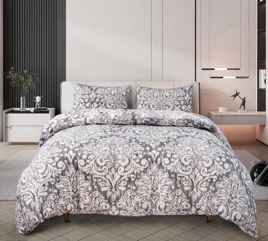 PRIME LINENS Duvet Cover Set 4 Pcs Brushed Microfibre Quilt Cover Bedding Set With Pillow Cases and Extra Fitted Sheet Included (Royal Damask Grey, Super King)