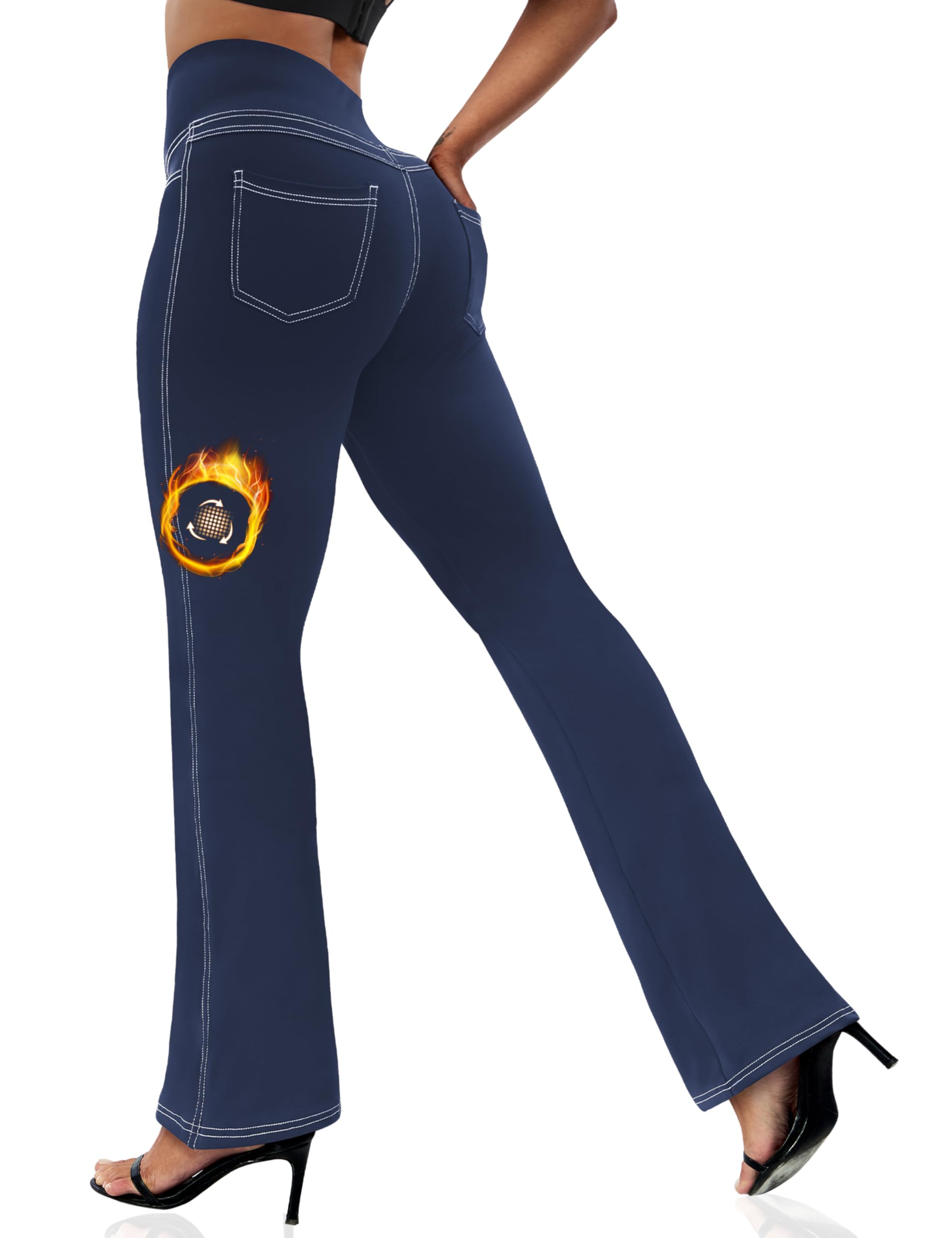 Photo 1 of VOOVEEYA Women's Bootcut Leggings - Bootleg Yoga Pants Flare with 4 Pockets,Tummy Control High Waisted Casual Dress Pants?Bootcut-Fleece Lined-Navy Blue-L?