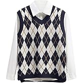 Lailezou Women's V Neck Knit Sweater Vest Argyle Plaid Preppy Style Sleeveless Crop Knitwear Tank