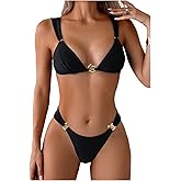 SweatyRocks Women's 2 Piece Swimsuit Tie Back High Cut Bikini Set Ring Linked Triangle Cheeky Bathing Suit