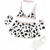 SHENHE Women's Cow Print Lingerie Set Anime Cosplay Costumes Bow Bra and Mini Skirt Roleplay Lingerie