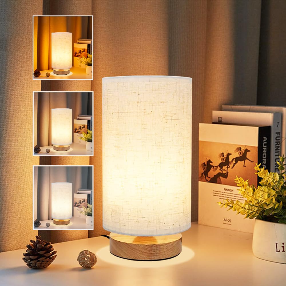 Photo 1 of 3-Color Adjustable Bedside Table Lamp for Bedroom,Minimalist Wood Base&Round Fabric Shade,Cozy Lighting Nightstand Boho Lamp,Study Reading Desk Night Stand Light for Living Room,Office,kitchen,Nursery