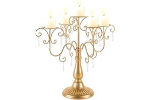 LANLONG 15.3in Gold Candelabra Centerpieces for Tables, 5 Arm Crystal Candelabra for Pillar Candles, Metal Candelabra Candle Holders for Wedding Centerpiece Decor Party Event Reception Decoration