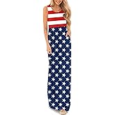 For G and PL Womens 4th of July Maxi Dress American Flag Sleeveless Long Dress with Pockets