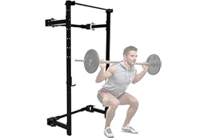 PRx Performance Wall Mounted Folding Power Squat Rack - Heavy Duty Adjustable Pull Up Bar, Space Saving Home Gym Equipment with Durable J-Cups, Ideal for Weight Lifting and Strength Training - Black