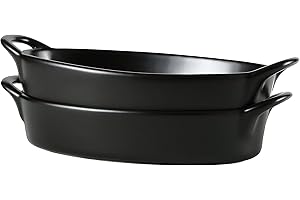 Bruntmor 10" x 6" Oval Ceramic Deep Dish Pie Pan Set of 2, Cute Ceramic Pie Pan, Au Gratin Baking Dishes For Oven, Ceramic Pie Baking Dish for Thanksgiving and Christmas Dinner- Black