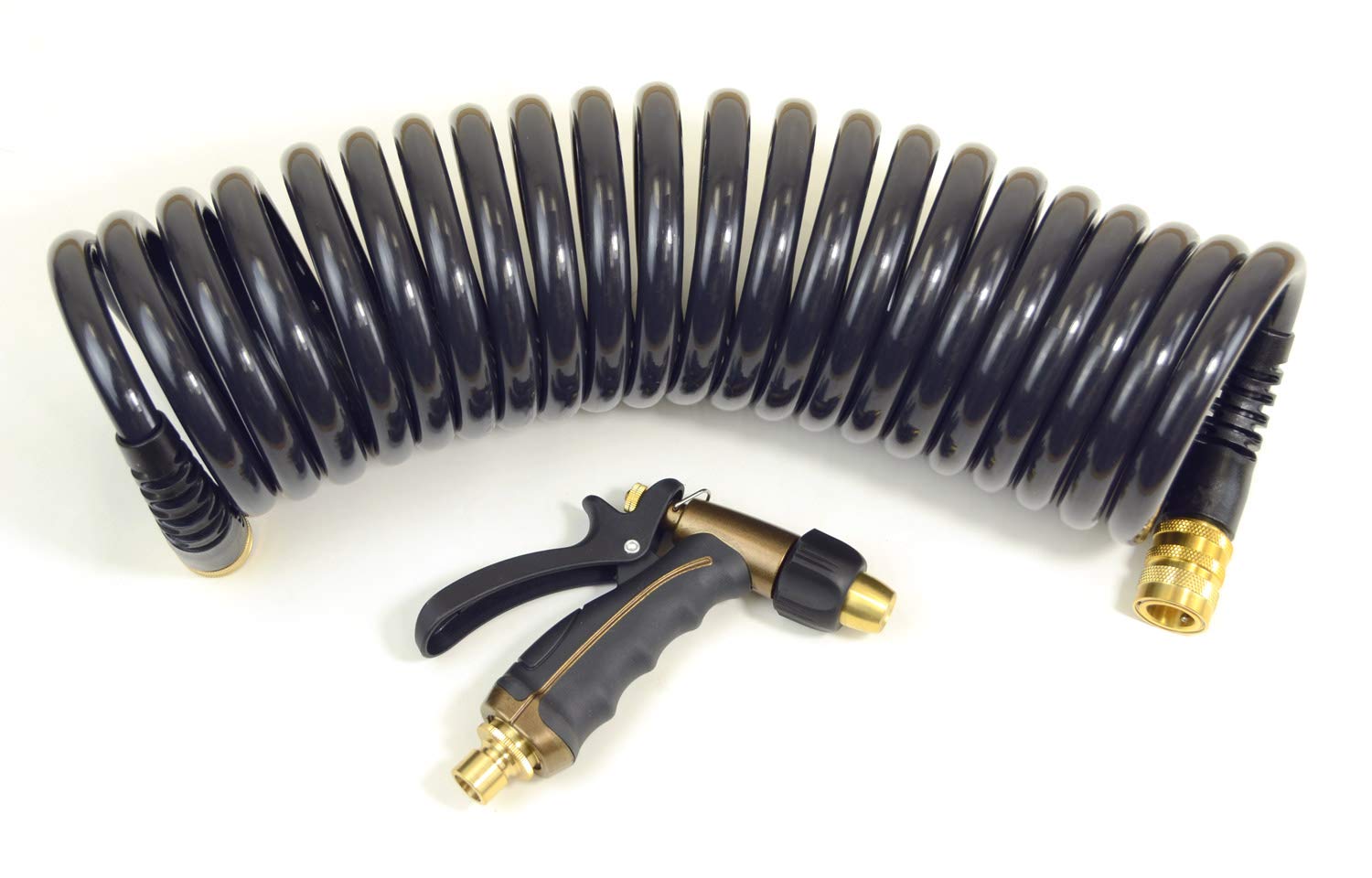 Olmsted Forge Hose Kit: 1/2" ID x 25' HP Quality Coiled Hose (Charcoal Gray) with Metal Body Spray Nozzle and Brass Quick Release Swivel Connector
