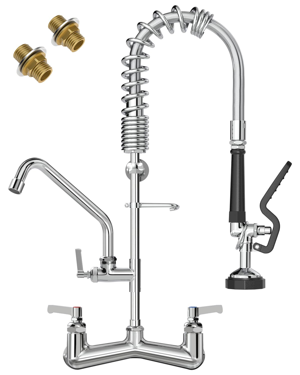 Photo 1 of FAUAID Commercial Sink Faucet with Sprayer 25" Height 8" Adjustable Center 10" Swing Spout,Brass Constructed Wall Mount Commercial Faucet with Pull Down Pre-Rinse Sprayer for 1/2 Compartment Sink?25"?