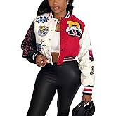 Perbai Women's Cropped Varsity Jacket Colorblock Letter Print Button Down Letterman Bomber Coat with Pockets Y2K Streetwear
