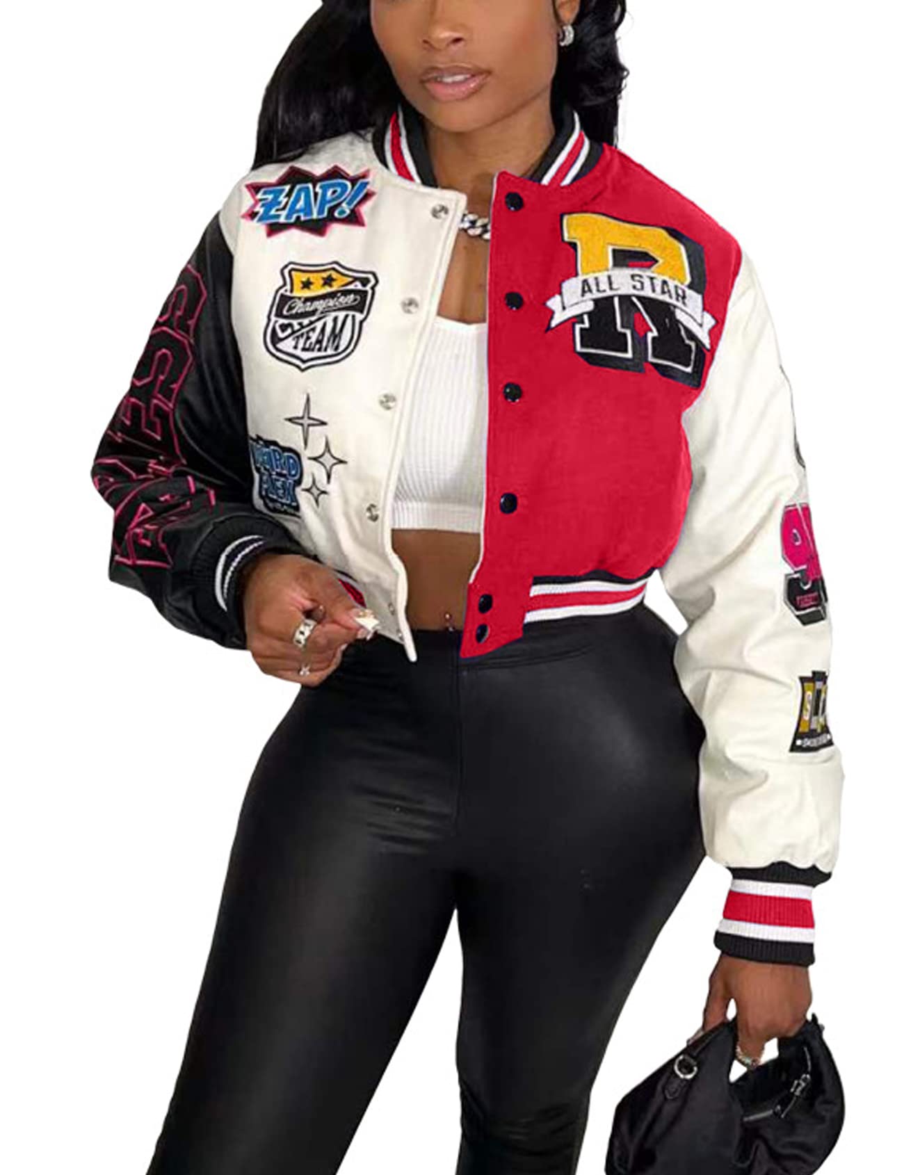 Photo 1 of Perbai Women's Cropped Varsity Jacket Colorblock Letter Print Button Down Letterman Bomber Coat with Pockets Y2K Streetwear(03Red-XL)