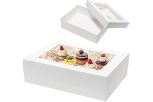 Mcfleet 10pcs 14x10x4 Cake Boxes with Window Rectangle Quarter Sheet Bakery Boxes for Pastry Baking Cake, Cupcakes, Donuts, Cookies, Pie Treat Packaging White Large