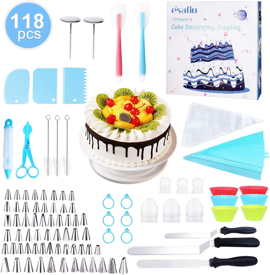 Esafio 102Pcs Disposable Piping Bags and Nozzles Set Cake Decorating Kit with Reusable Pastry Bag Large, Icing Tips, Flower Nails, Cake Decorating Pen, Spatula Baking, Frosting Tools Set, Pastry Tool